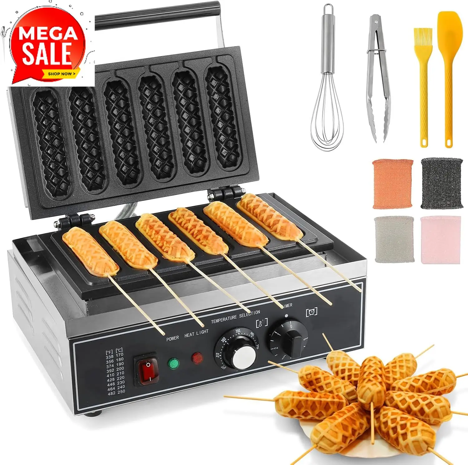 Corn Dog Stick - 6個焼きコーンドッグメーカー、1550W業務用ワッフルスティックメーカー（ホテル用） | ノンスティックステンレス製コーンドッグメーカー機