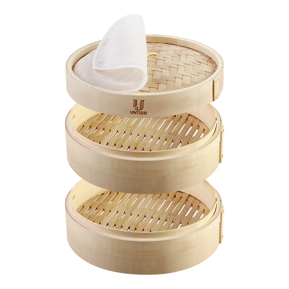 Bao Steamer Bamboo - ふた付き竹製スチーマーバスケット、調理用中国製ダンプリングスチーマーbaoバンドスチームバスケット