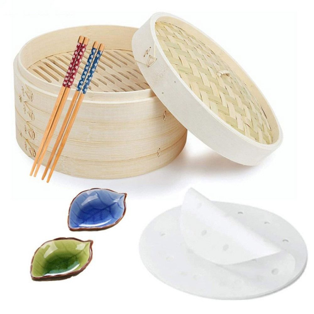 Bao Steamer Bamboo - ふた付き竹製スチーマーバスケット、調理用中国製ダンプリングスチーマーbaoバンドスチームバスケット