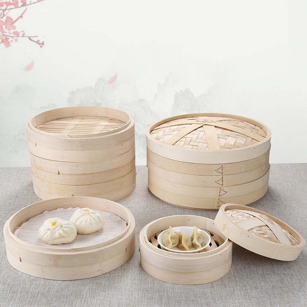 Bao Steamer Bamboo - ハンドルスチームバスケットはおいしいバオバンズを作るキッチンツールセット蒸し蓋付き竹蒸し器サムスチーマースチームクッカースチームポット