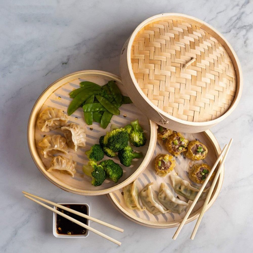ふた付き竹製スチーマーバスケット、調理用中国製ダンプリングス - Bao Steamer Bamboo のレビューと価格